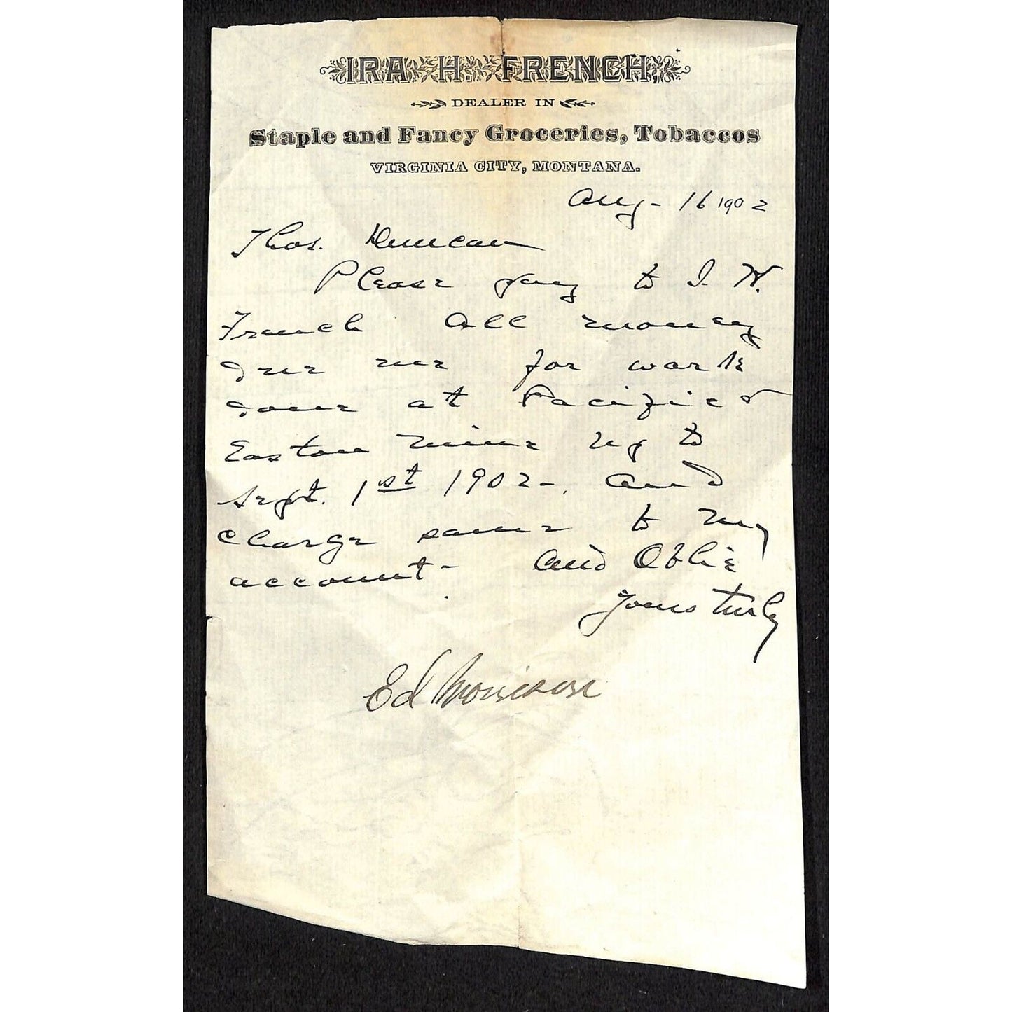 Ira H. French Virginia City, MT Fancy Groceries Tobaccos 1902 Billhead Scarce