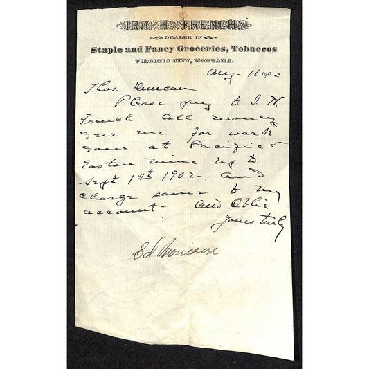 Ira H. French Virginia City, MT Fancy Groceries Tobaccos 1902 Billhead Scarce