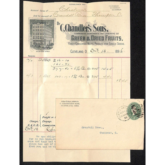 C. Chandler's Sons "Green & Dried Fruits" Cleveland 1896 Billhead & Cover Scarce