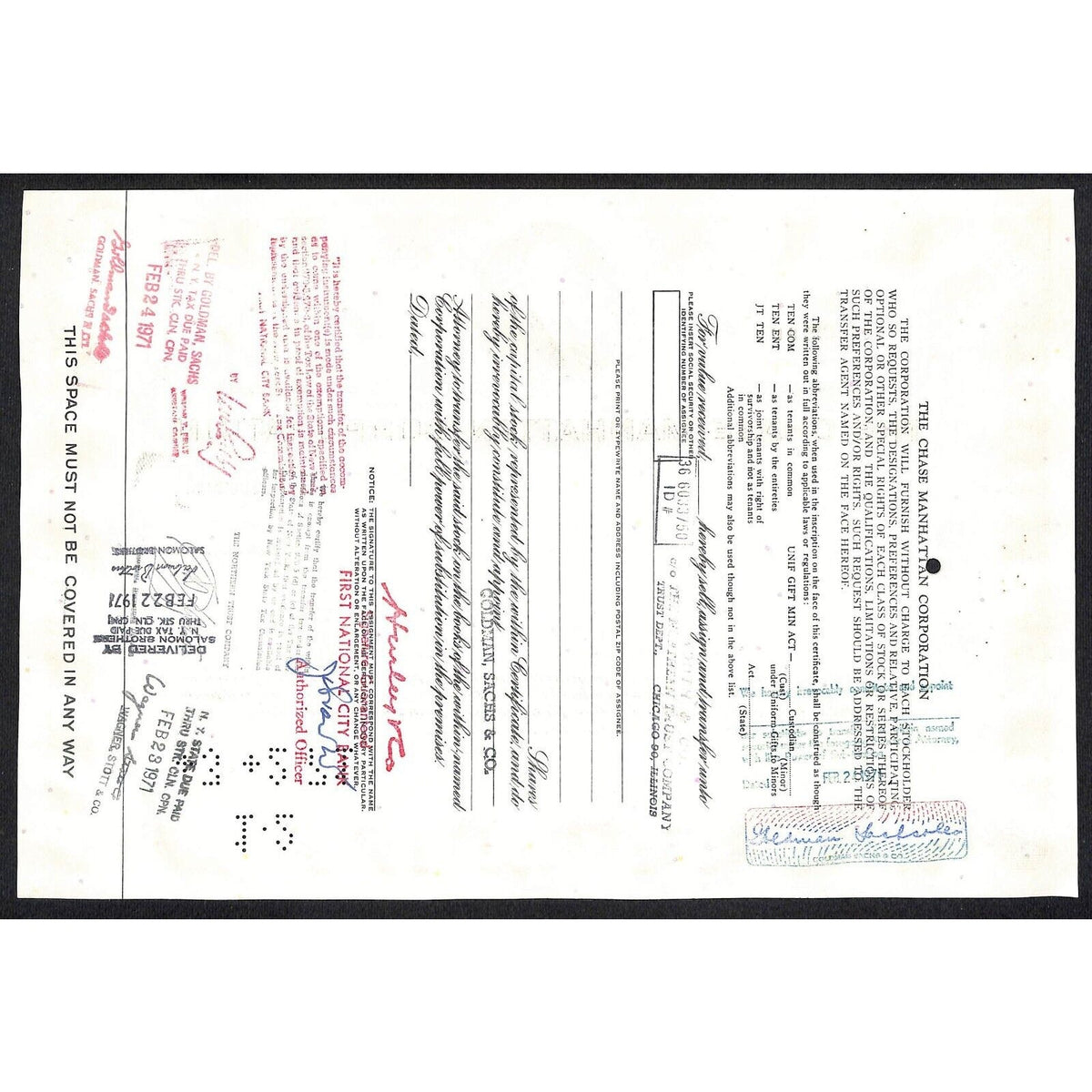 Chase Manhattan Corp 1970 Stock Certificate Hurley & Co. VGC Early Logo*