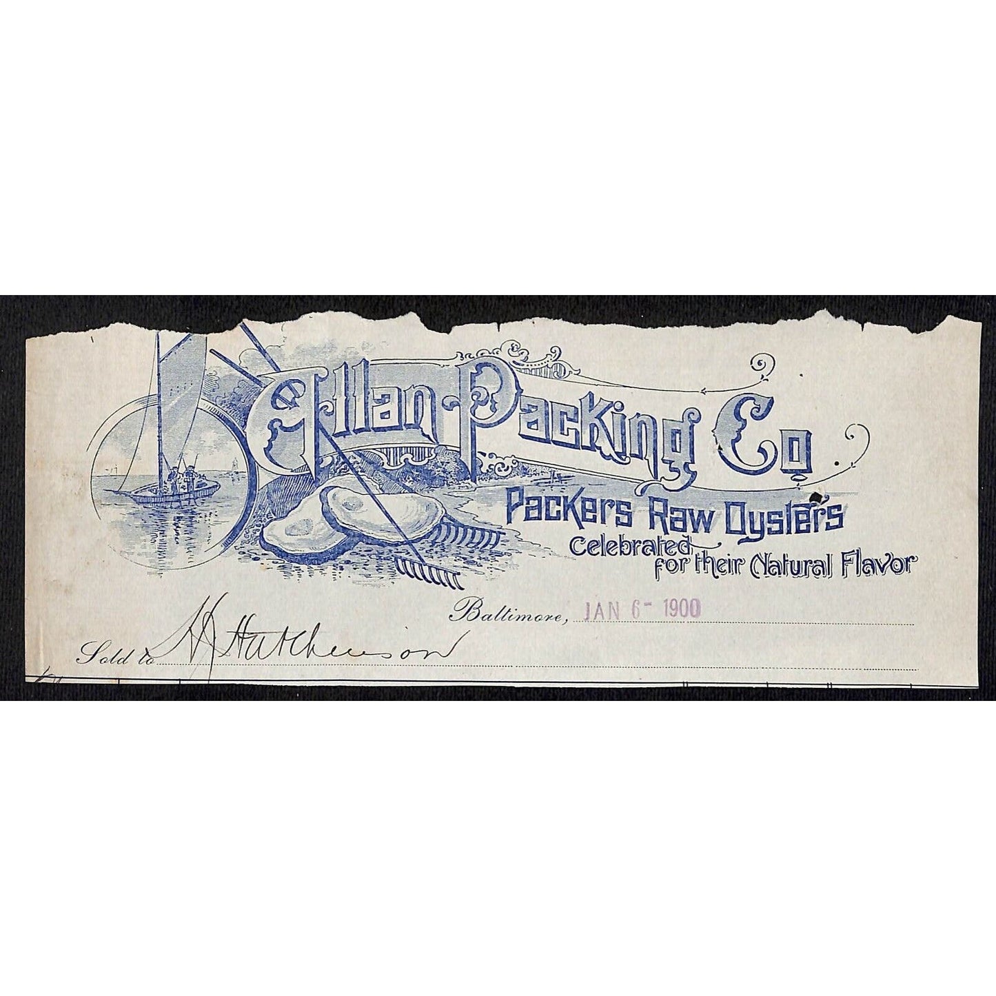 Allan Packing Co. Raw Oysters Baltimore Hutchinson Decorah IA* Cut 1900 Billhead