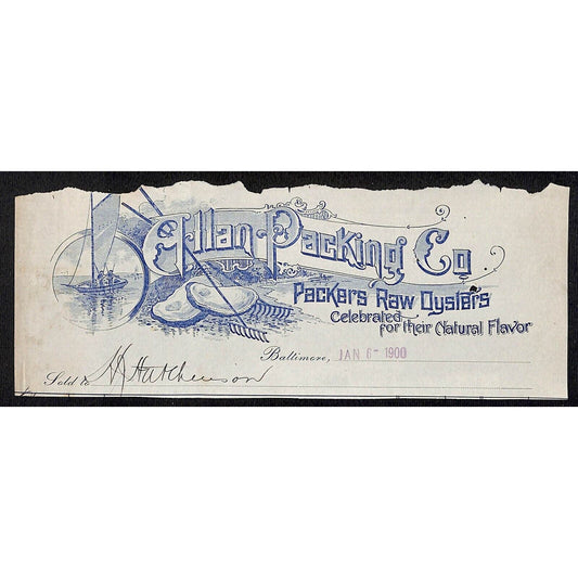 Allan Packing Co. Raw Oysters Baltimore Hutchinson Decorah IA* Cut 1900 Billhead