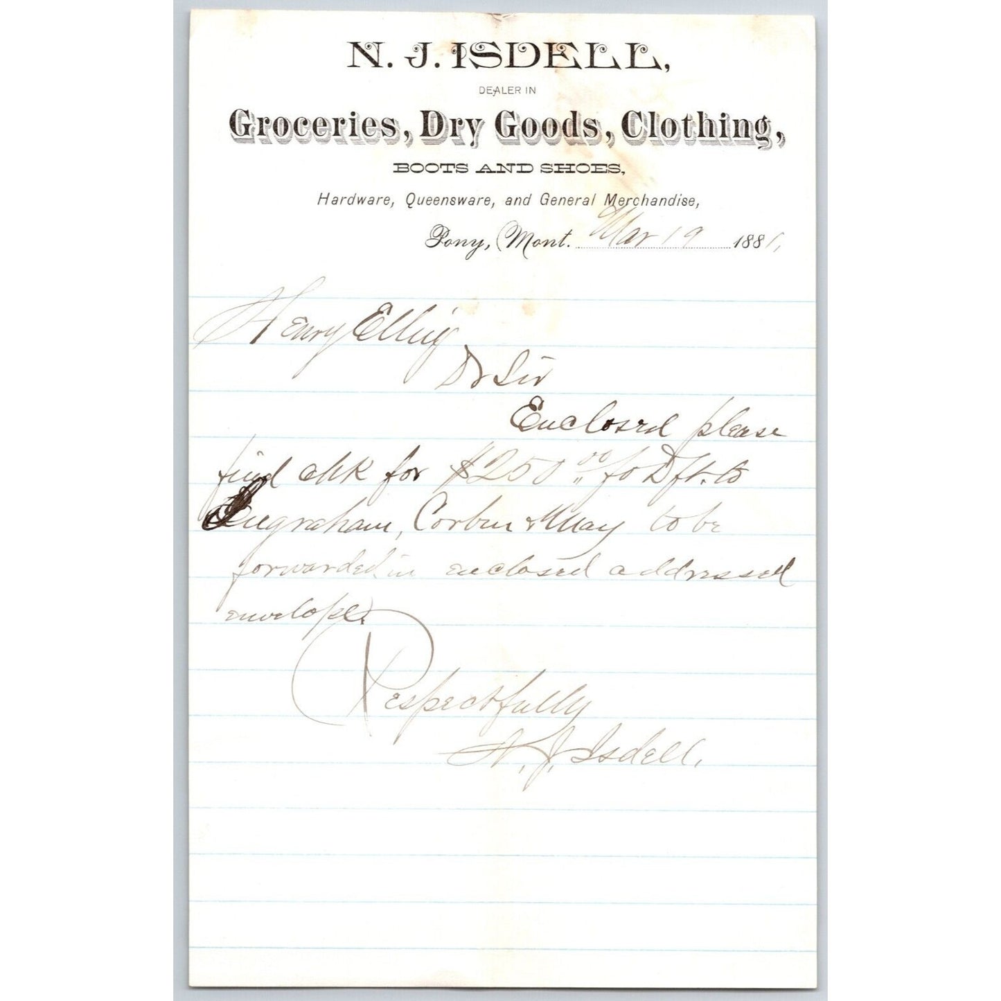 N.J. Isdell Pony, MT Dry Goods 3/19 1881 Payment Advice Billhead Henry Elling*