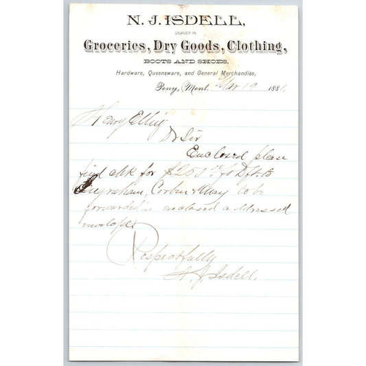 N.J. Isdell Pony, MT Dry Goods 3/19 1881 Payment Advice Billhead Henry Elling*