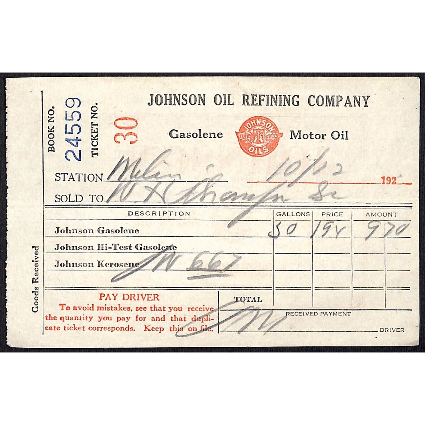 Johnson Oils Gasoline Kerosene 1926 W H Thompson Melvin IL Station Receipt #30
