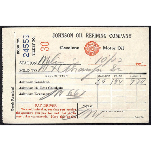 Johnson Oils Gasoline Kerosene 1926 W H Thompson Melvin IL Station Receipt #30
