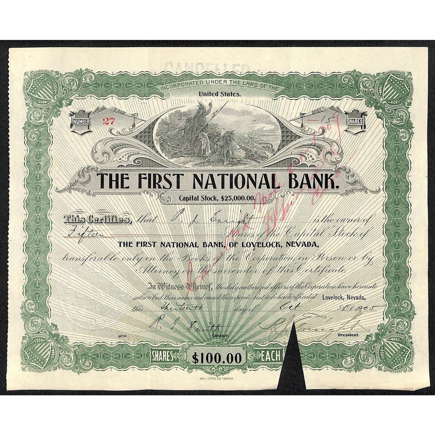 First National Bank of Lovelock, NV 1905 Stock Certificate to P.J Enright *