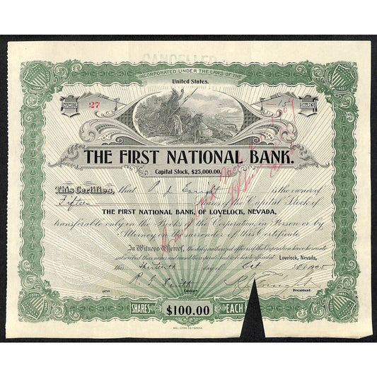 First National Bank of Lovelock, NV 1905 Stock Certificate to P.J Enright *