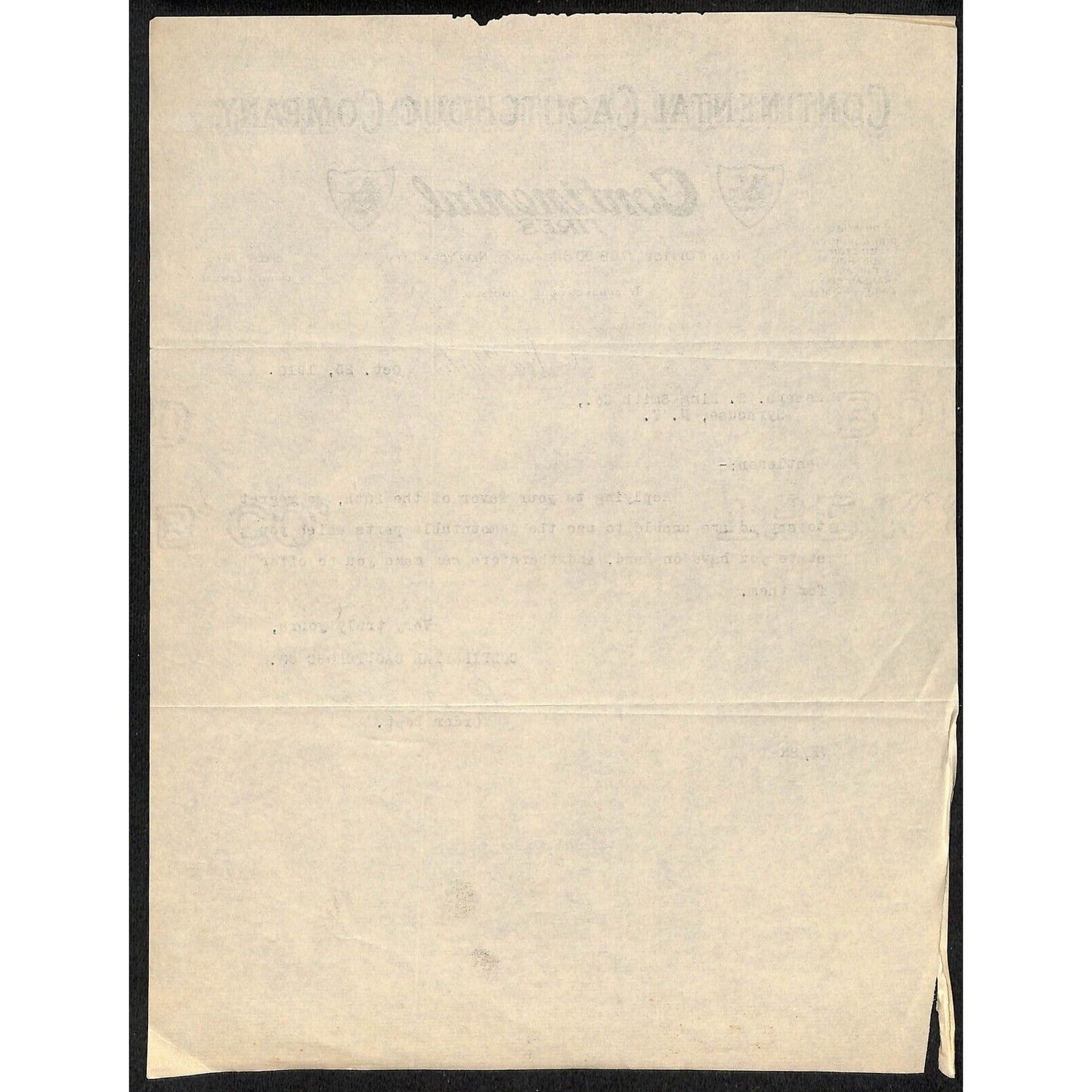 Continental Caoutchouc Co. / Continental Tires 1910 Letterhead Broadway NYC