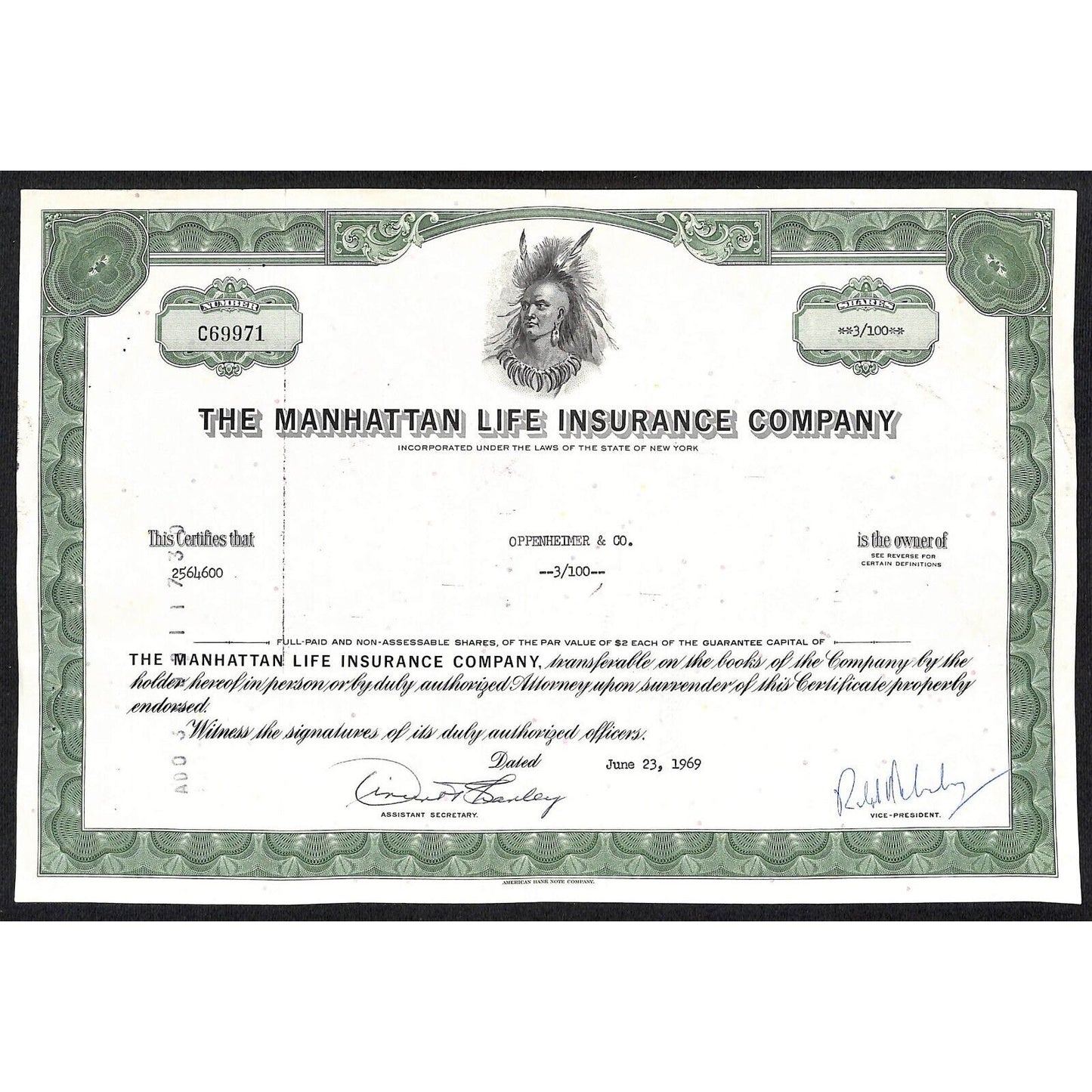 Manhattan Life Insurance Co. 1969 Stock Certificate Native American Portrait