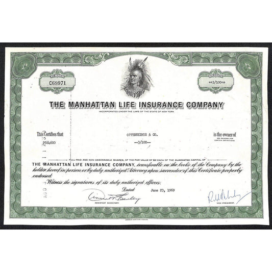 Manhattan Life Insurance Co. 1969 Stock Certificate Native American Portrait