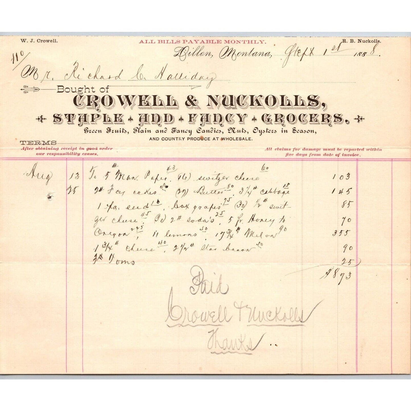 Dillon MT Crowell & Nuckolls Fancy Staple Grocers 1888 Billhead R.C. Halliday*