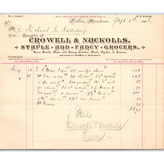 Dillon MT Crowell & Nuckolls Fancy Staple Grocers 1888 Billhead R.C. Halliday*