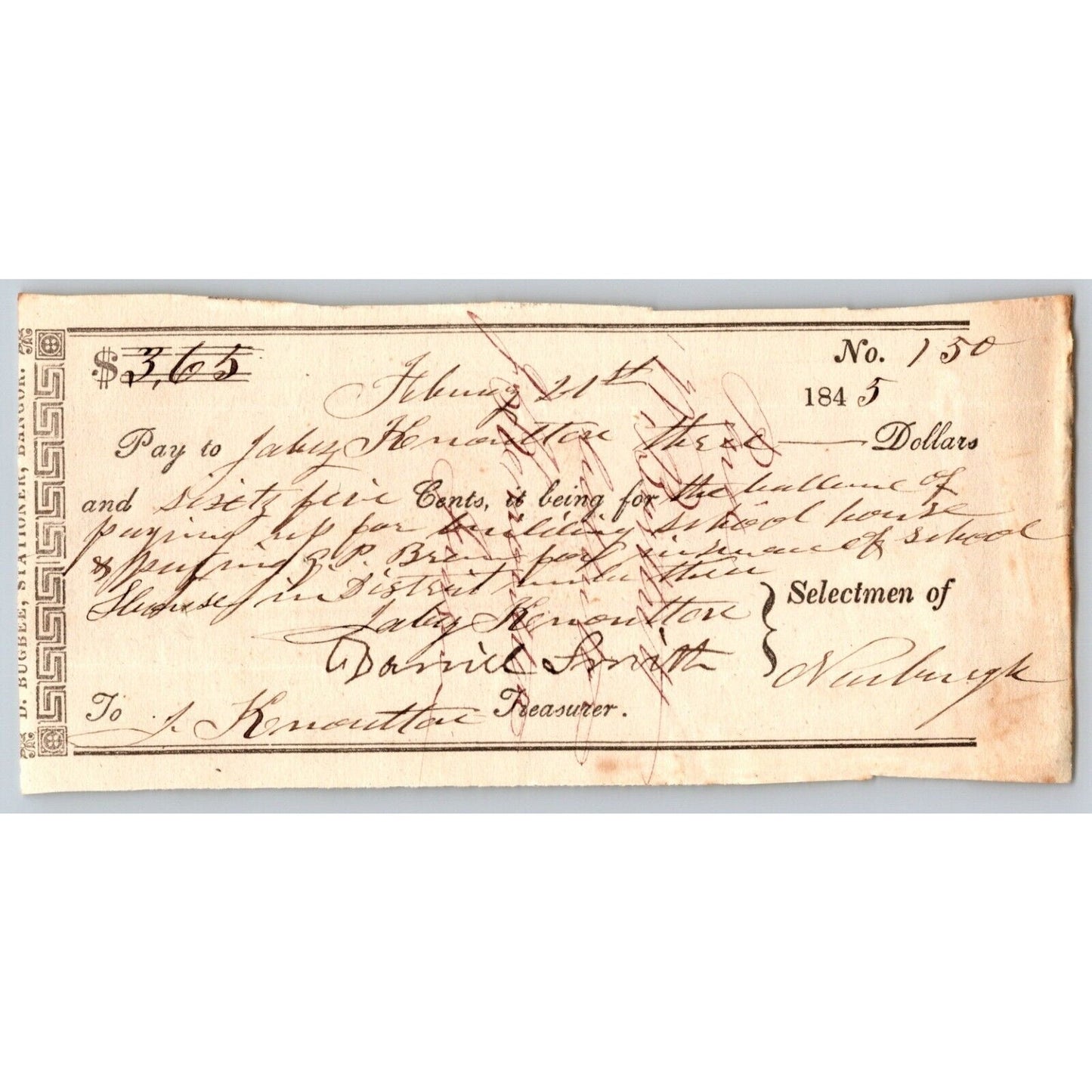 1845 Jabez Knowlton* Newburgh ME Town Check to Jabez Knowlton