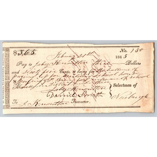 1845 Jabez Knowlton* Newburgh ME Town Check to Jabez Knowlton