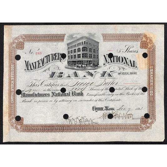 Manufacturers National Bank Lynn, MA 1897 Stock Certificate George Fuller
