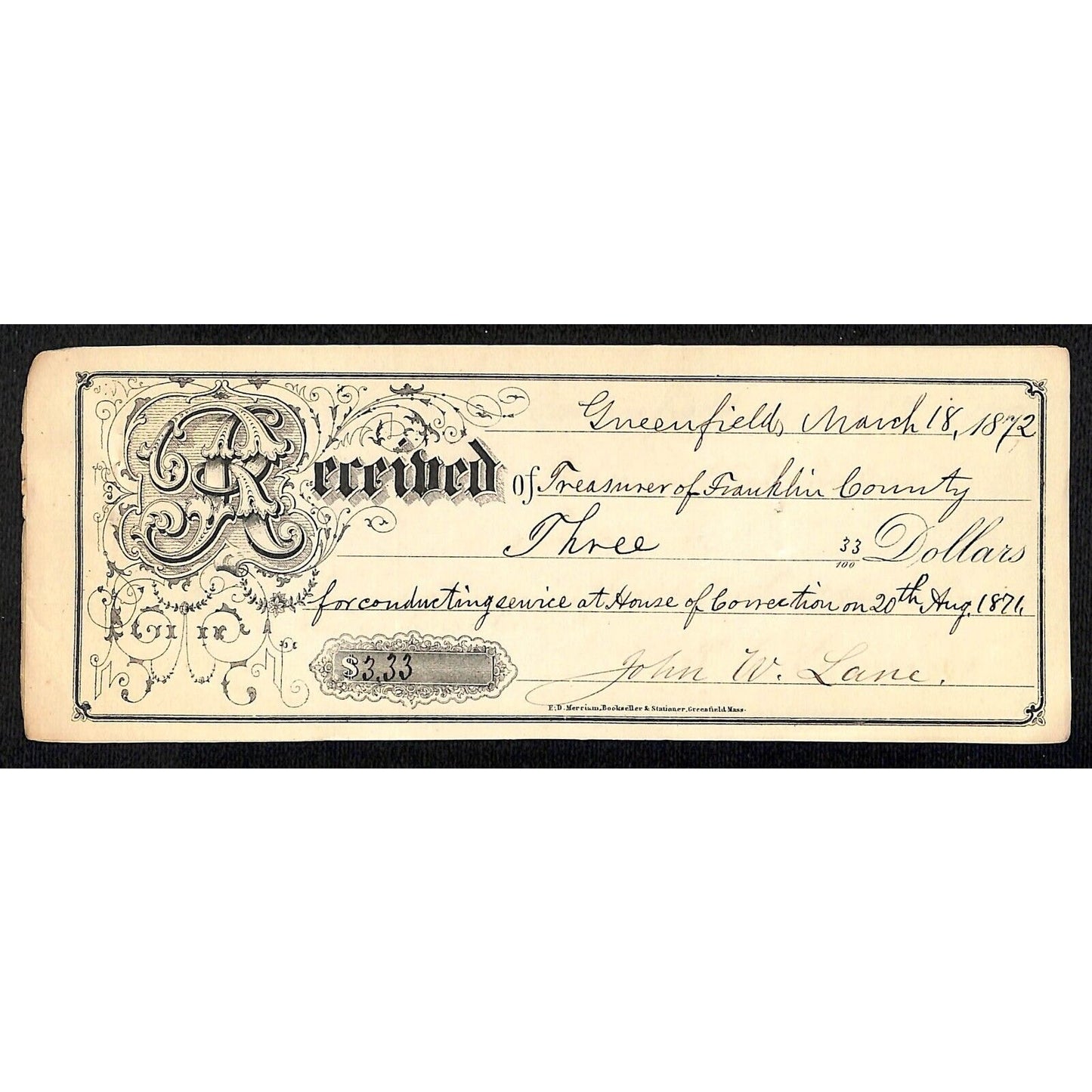 1872 Greenfield, MA Treasurer of Franklin County Receipt ..House of Correction..