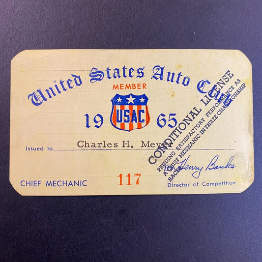 1965 USAC "Conditional" Chief Mechanic Membership Card "Charles Henry Meyer" VGC