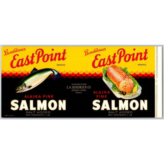 Bendiksen's East Point Alaska Pink Salmon Ocean Park, WA Can Label c1930's-40's