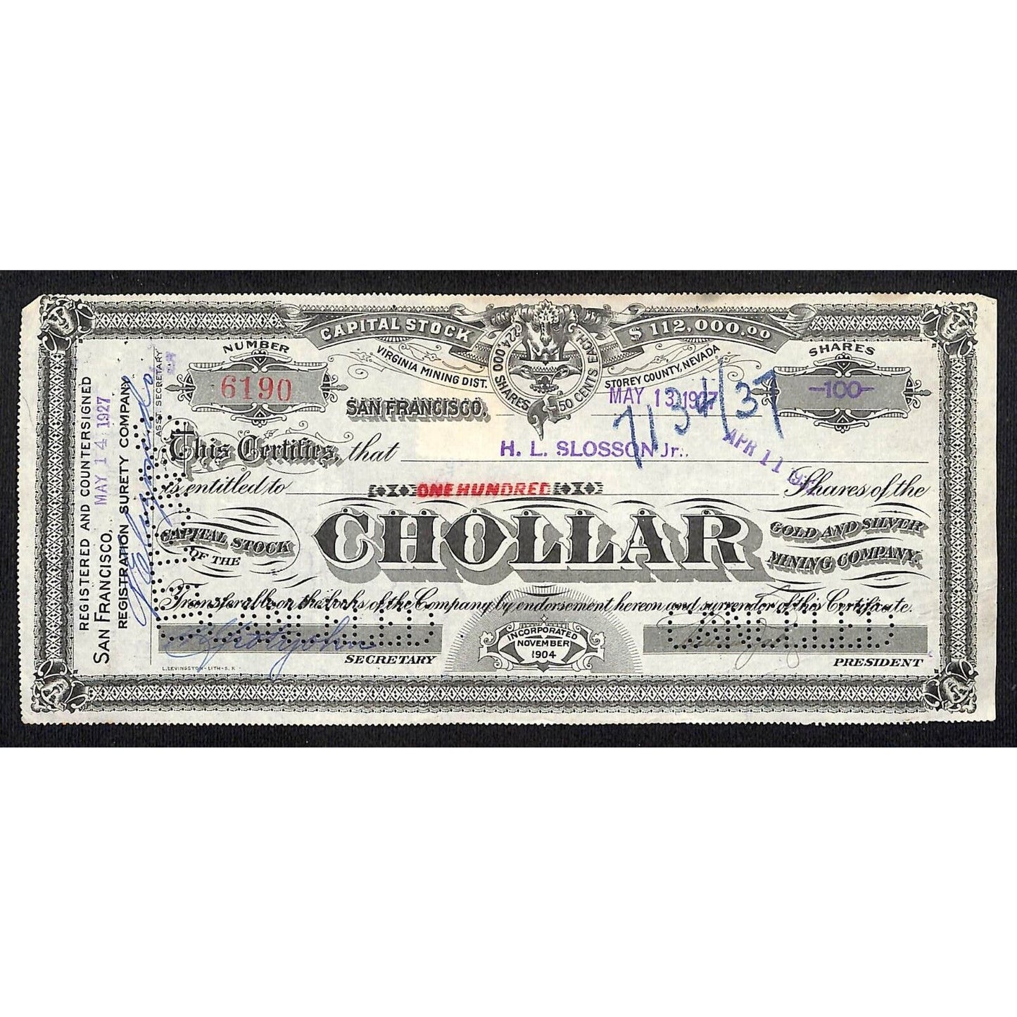 Chollar Gold Silver Mining Company San Francisco 1927 Stock Certificate #6190