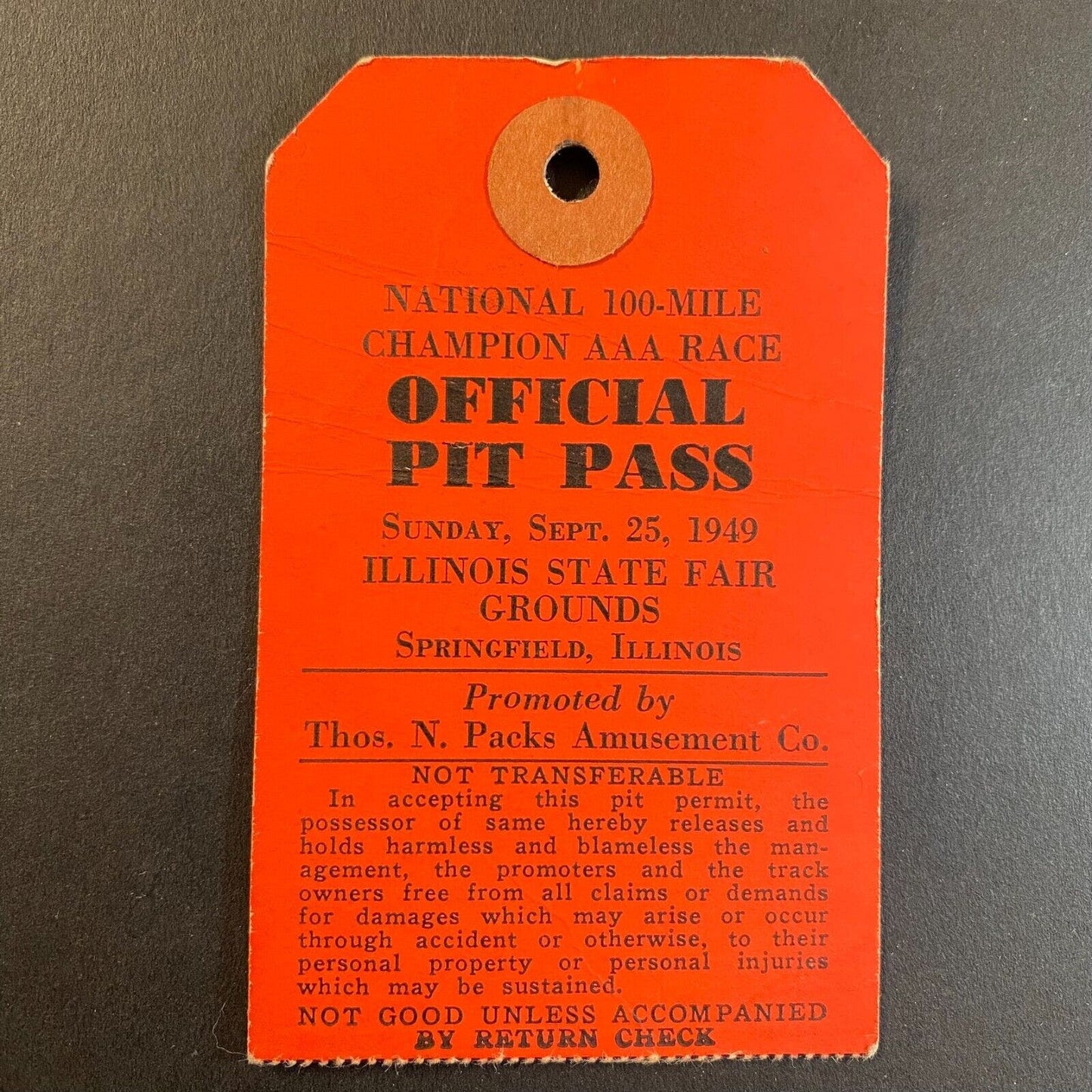 1949 Illinois State Fair AAA "Official Pit Pass" 100-Mile Champion Race Scarce