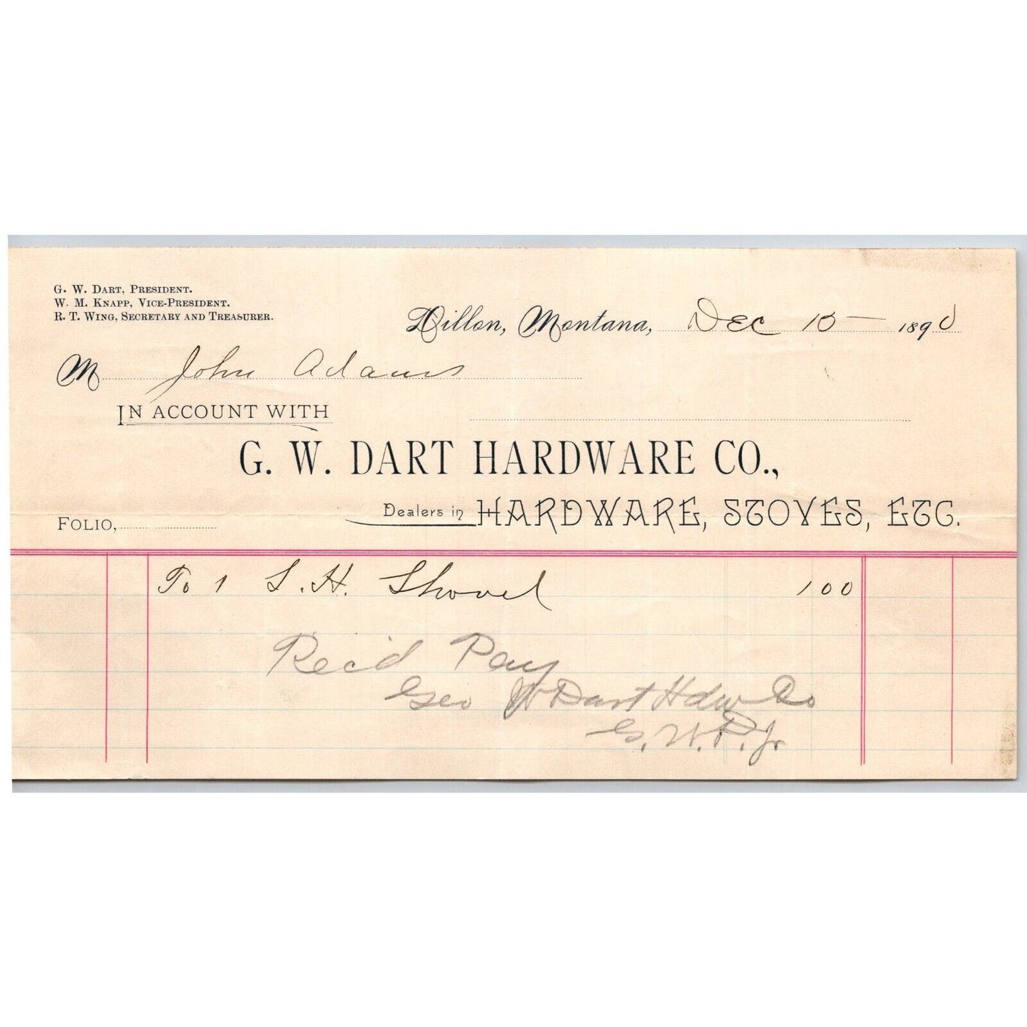 Dillon, MT G.W. Dart Hardware Co. 1890 Billhead Stoves Ranges $1 Shovel