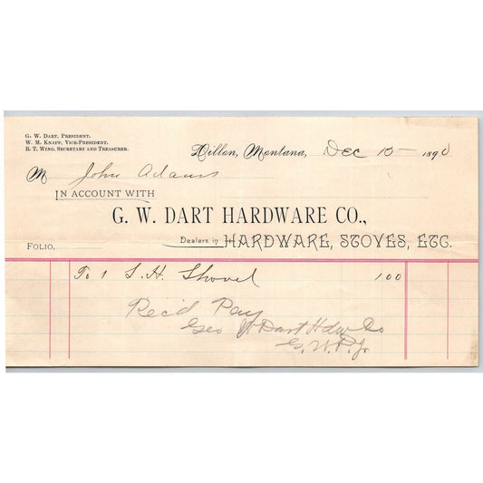 Dillon, MT G.W. Dart Hardware Co. 1890 Billhead Stoves Ranges $1 Shovel