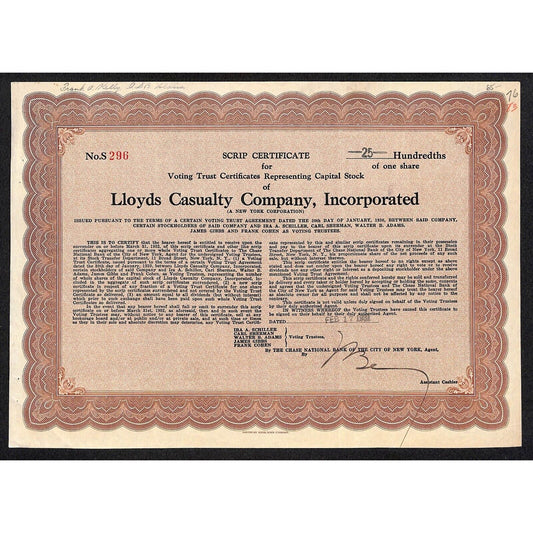 Lloyds Casualty Company NY 1930 Script Certificate