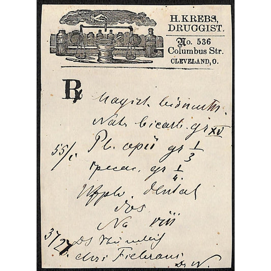H. Krebs, Druggist Columbus St. Cleveland c1870's* Prescription #3727