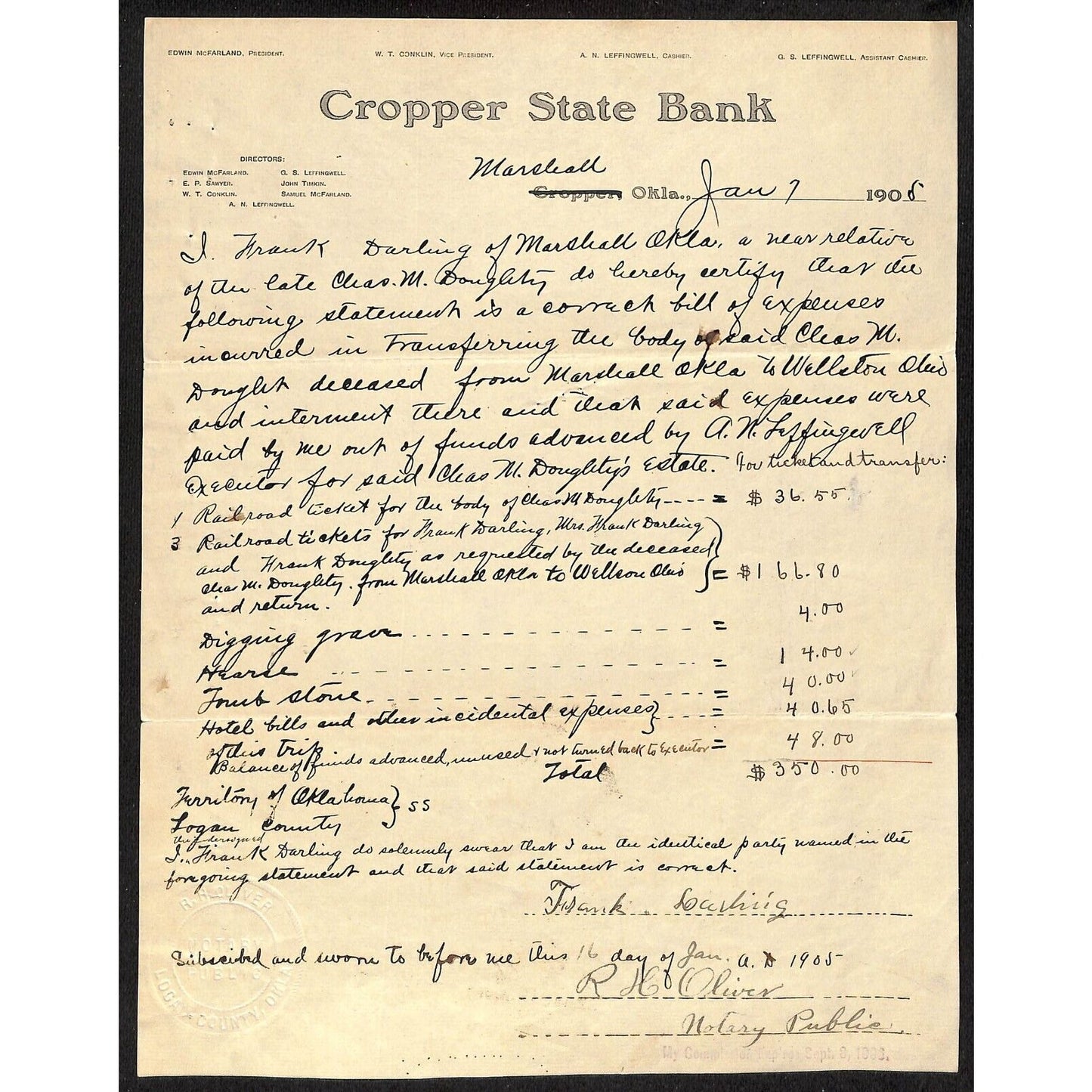 1905 Cropper State Bank Marshall, OK Letterhead ..Digging Grave, $4 Hearse, $4