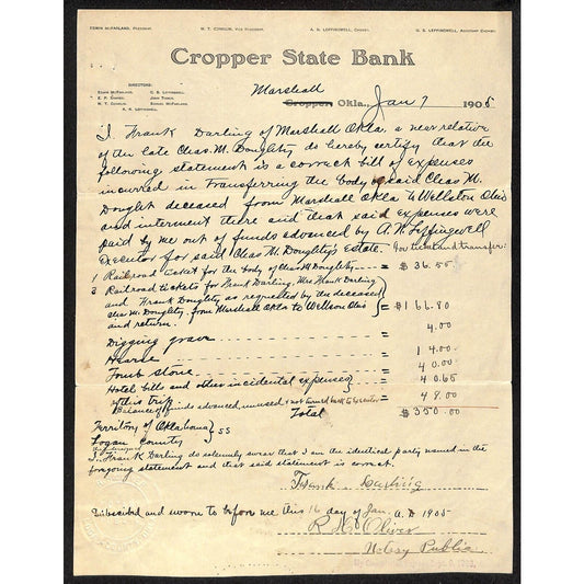 1905 Cropper State Bank Marshall, OK Letterhead ..Digging Grave, $4 Hearse, $4