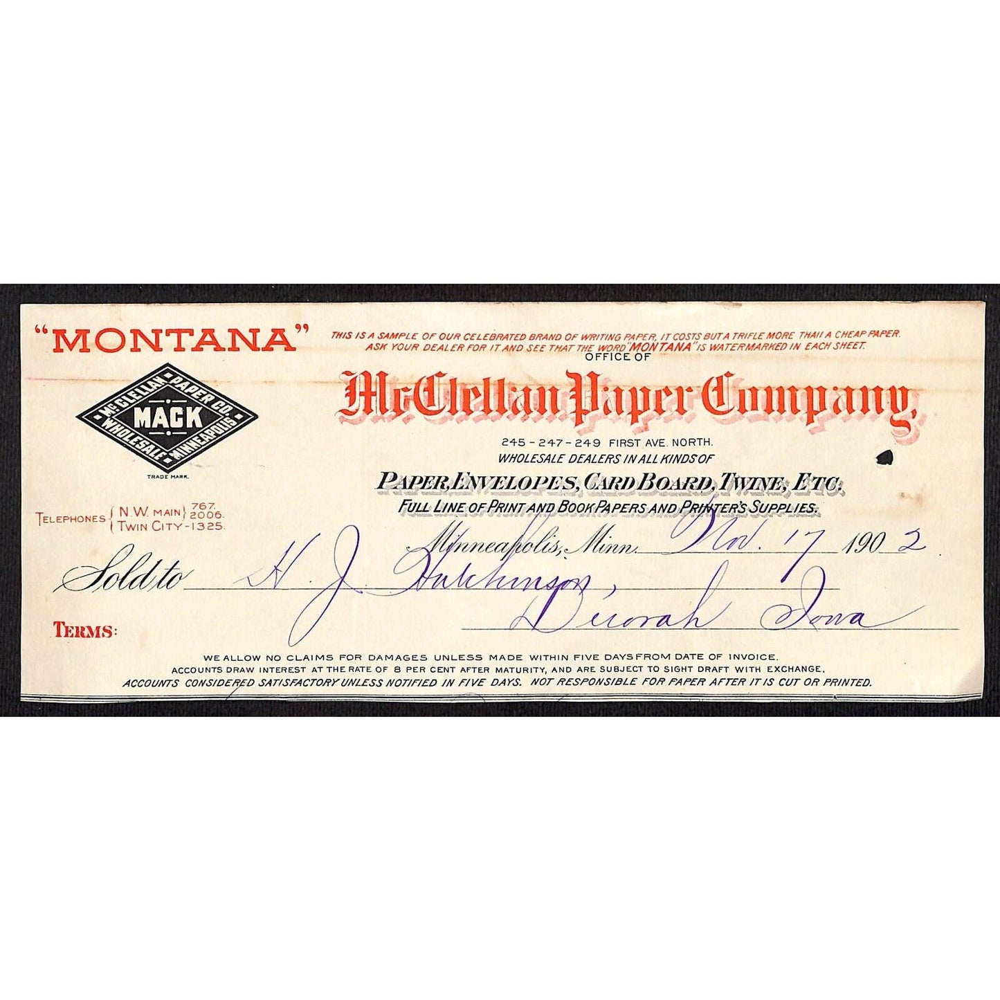 McClellan Paper Co Minneapolis Hutchinson Decorah, IA* 1902 Cut Billhead