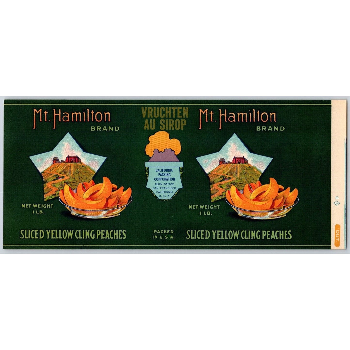 Sliced Yellow Cling Peaches Mt. Hamilton Brand Paper Can Label c1930's VGC