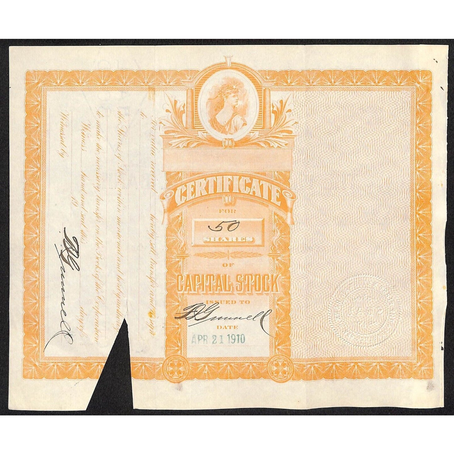First National Bank of Lovelock, NV 1910 Stock Certificate to F.I. Gunnell * #55