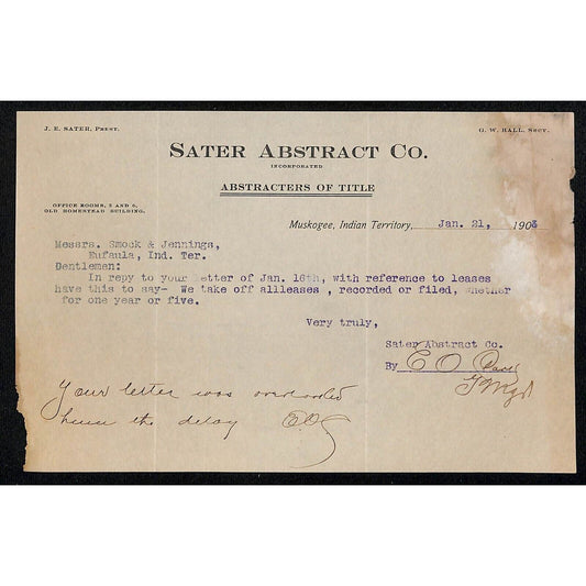 1904 Sater Abstract Co. Indian Territory Muskogee, OK TLS Letterhead