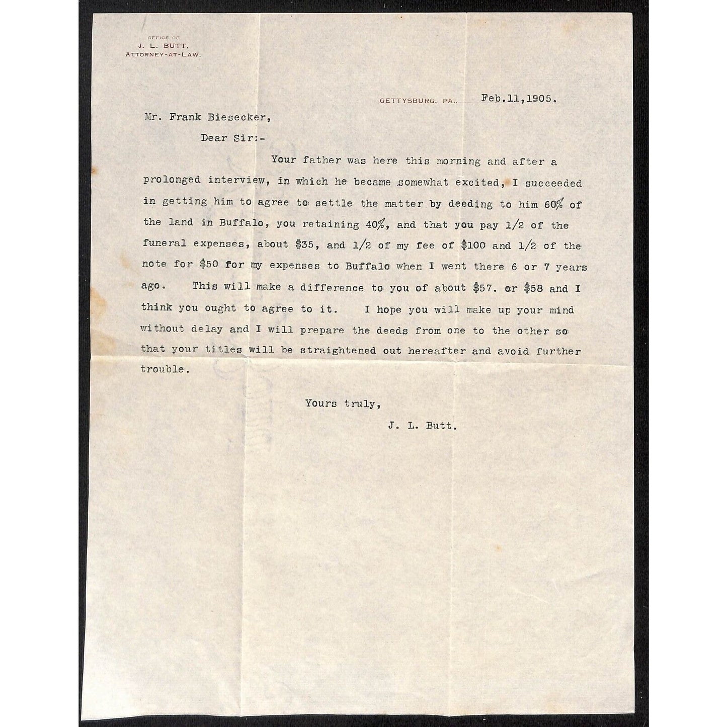 1905 J.L. Butt Attorney Gettysburg, PA Letterhead + Cover Negotiating w/ Father