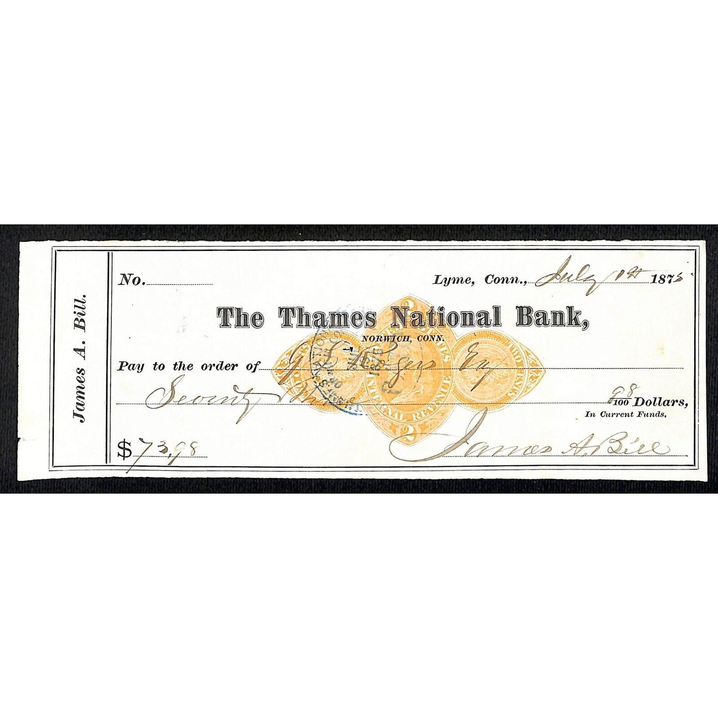 James A. Bill* 1875 Thames National Bank Lyme CT on Rev Stamp Check Stock (#9)
