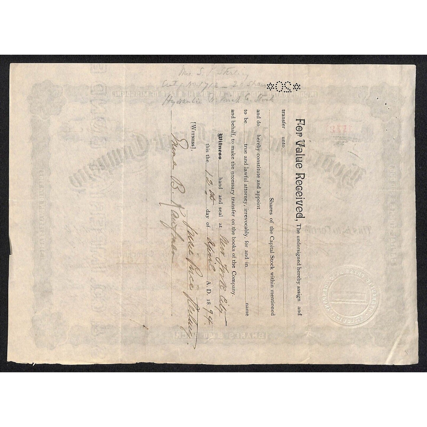 Hydraulic Press Brick Co St. Louis, MO 1894 Stock Certificate Sterling* Scarce