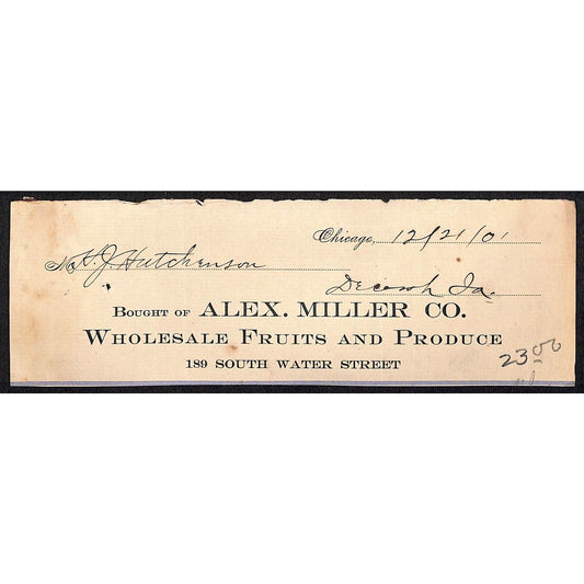 Alex Miller Fruits Produce Chicago HJ Hutchinson Decorah, IA* Cut 1901 Billhead