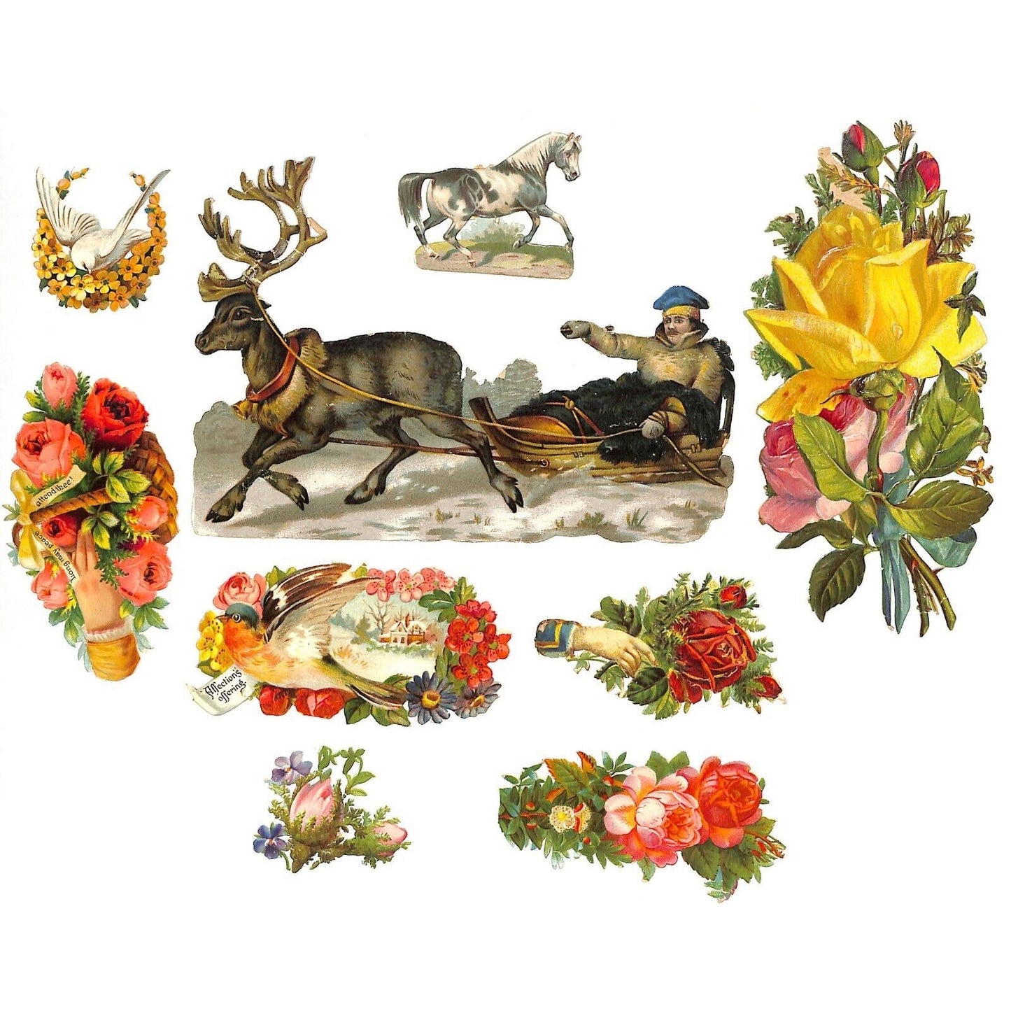 Victorian Scrap Die Cut Embossed Floral incl. Reindeer Pulls Man on Sled 9 pcs.