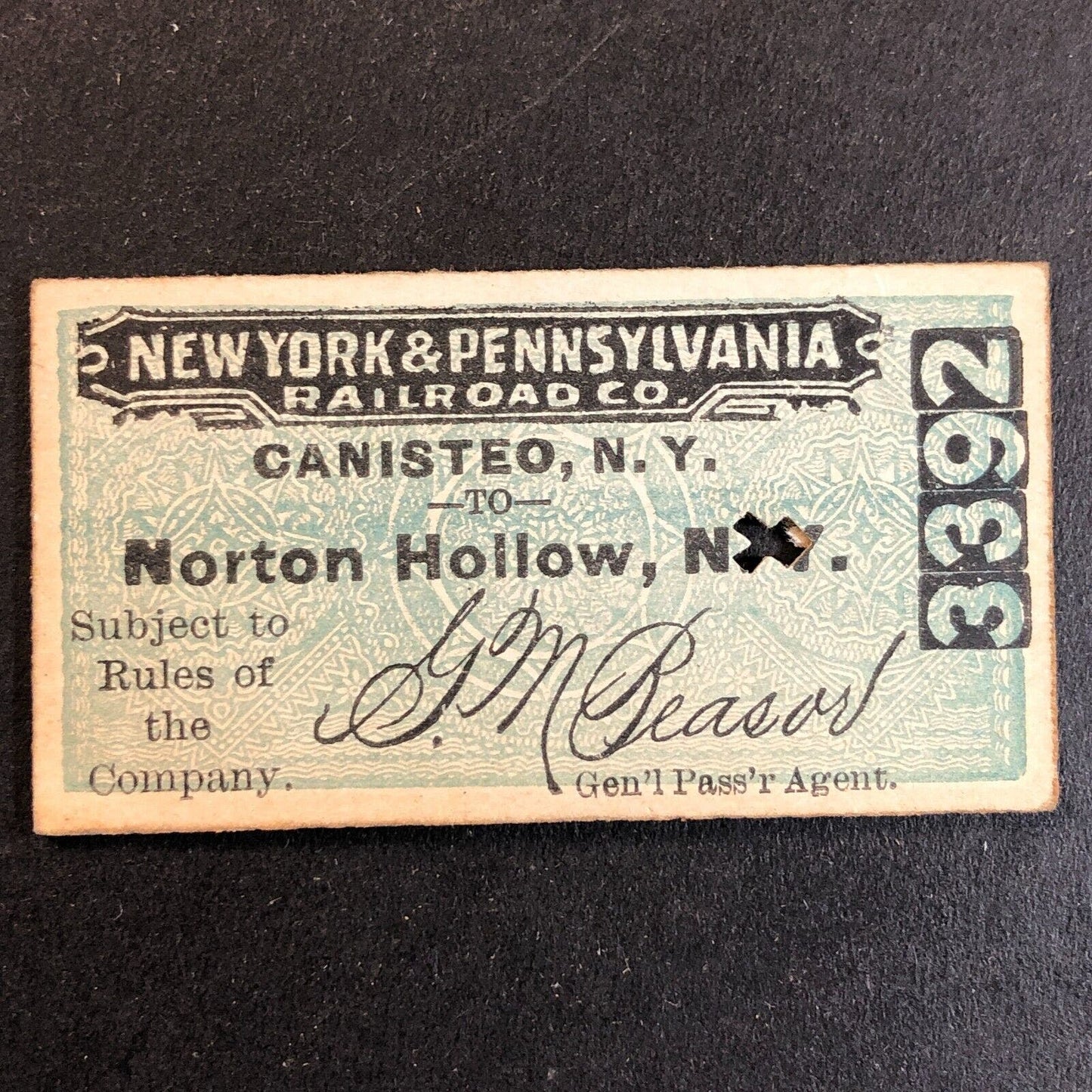 New York & Pennsylvania Railroad July 7 1917 Norton Hollow Ticket #3392 Scarce