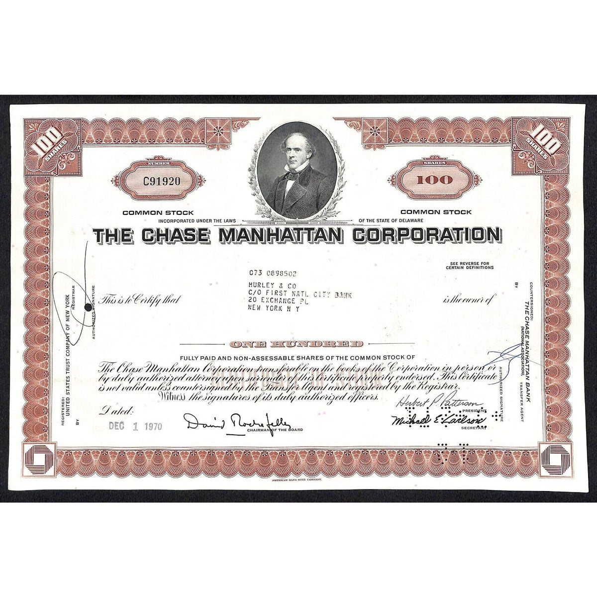 Chase Manhattan Corp 1970 Stock Certificate to: Hurley & Co. - Early Logo*