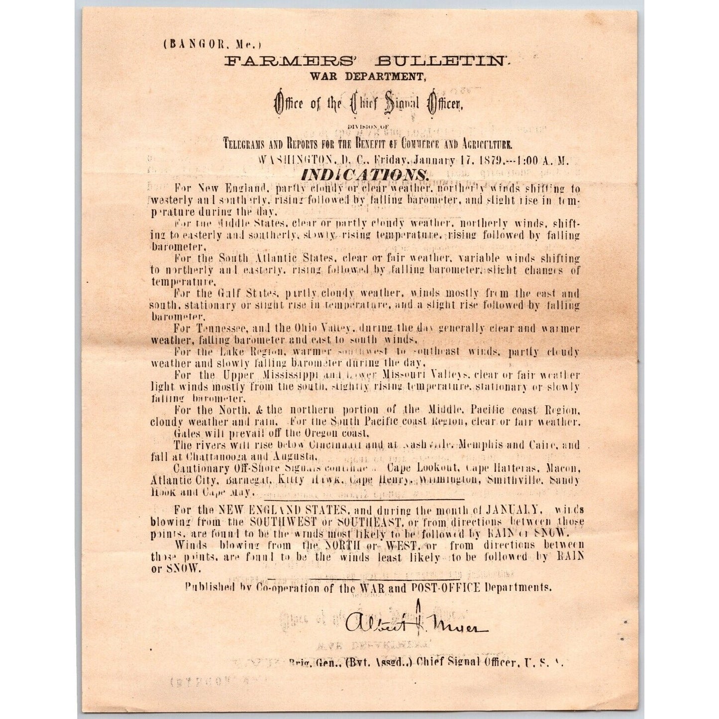 Bangor, ME Chief Signal Office, War Department Farmers' Bulletin Jan. 17, 1879