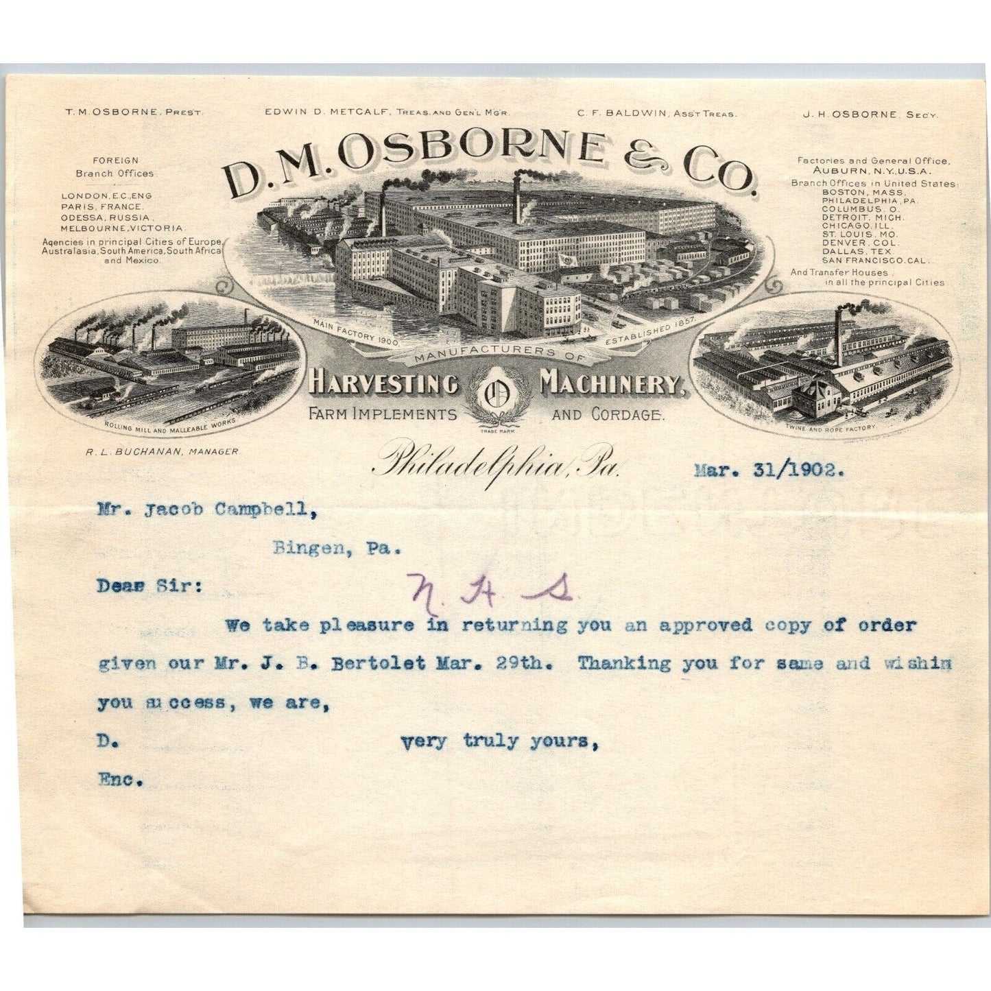 D.M. Osborne & Co. (IH*) Harvesting Machinery Phila. Mar. 31 1902 Letterhead