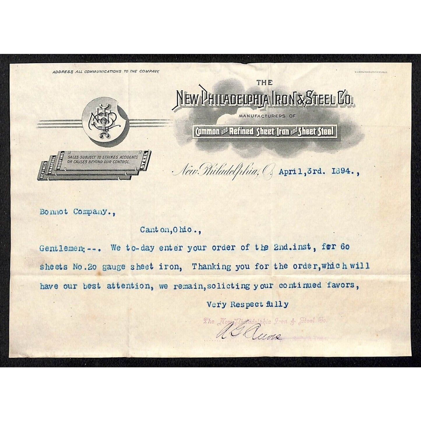 New Philadelphia Iron & Steel Co. Sheet Iron Roofing 1894 Letterhead Scarce
