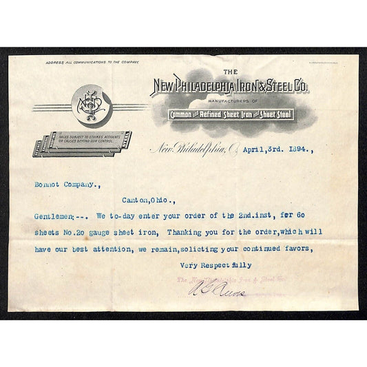 New Philadelphia Iron & Steel Co. Sheet Iron Roofing 1894 Letterhead Scarce