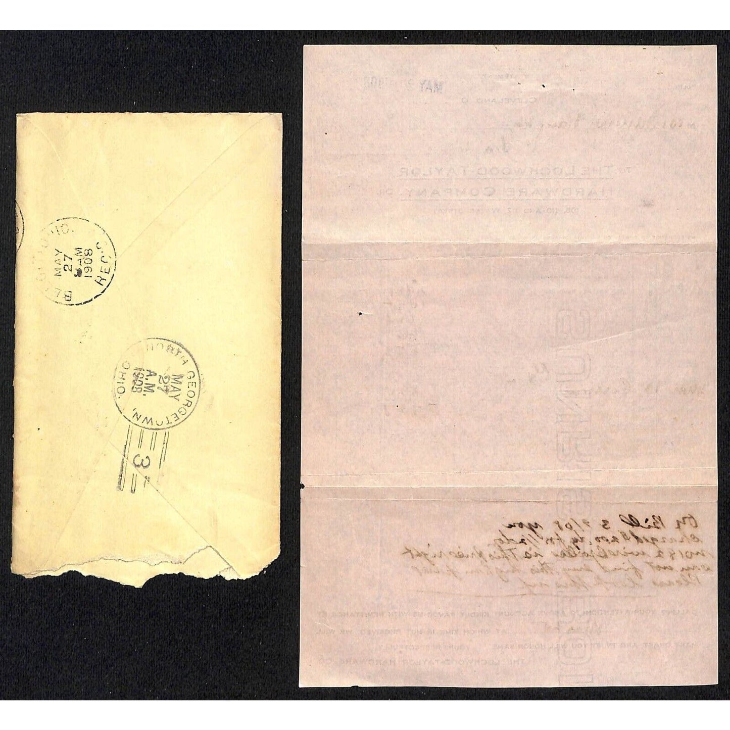 Lockwood-Taylor Hardware Co. Samuel Wang Co* N. Georgetown 1908 Billhead & Cover