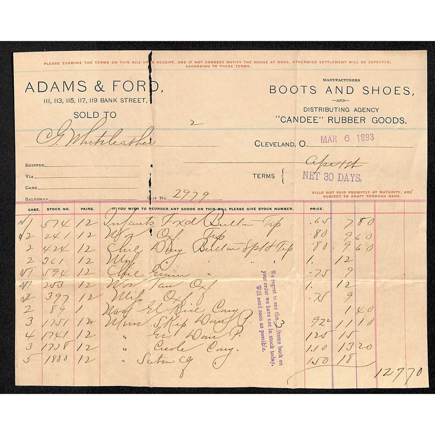 Adams & Ford Cleveland Boots Shoes 1893 Billhead Whiteleather* N. Georgetown OH