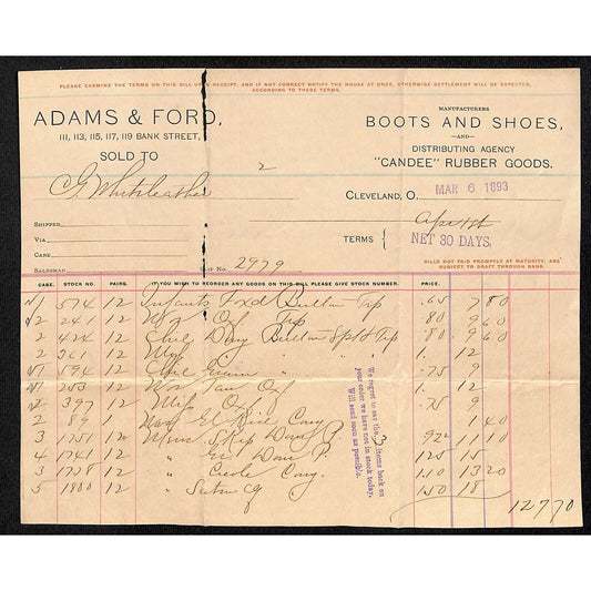 Adams & Ford Cleveland Boots Shoes 1893 Billhead Whiteleather* N. Georgetown OH