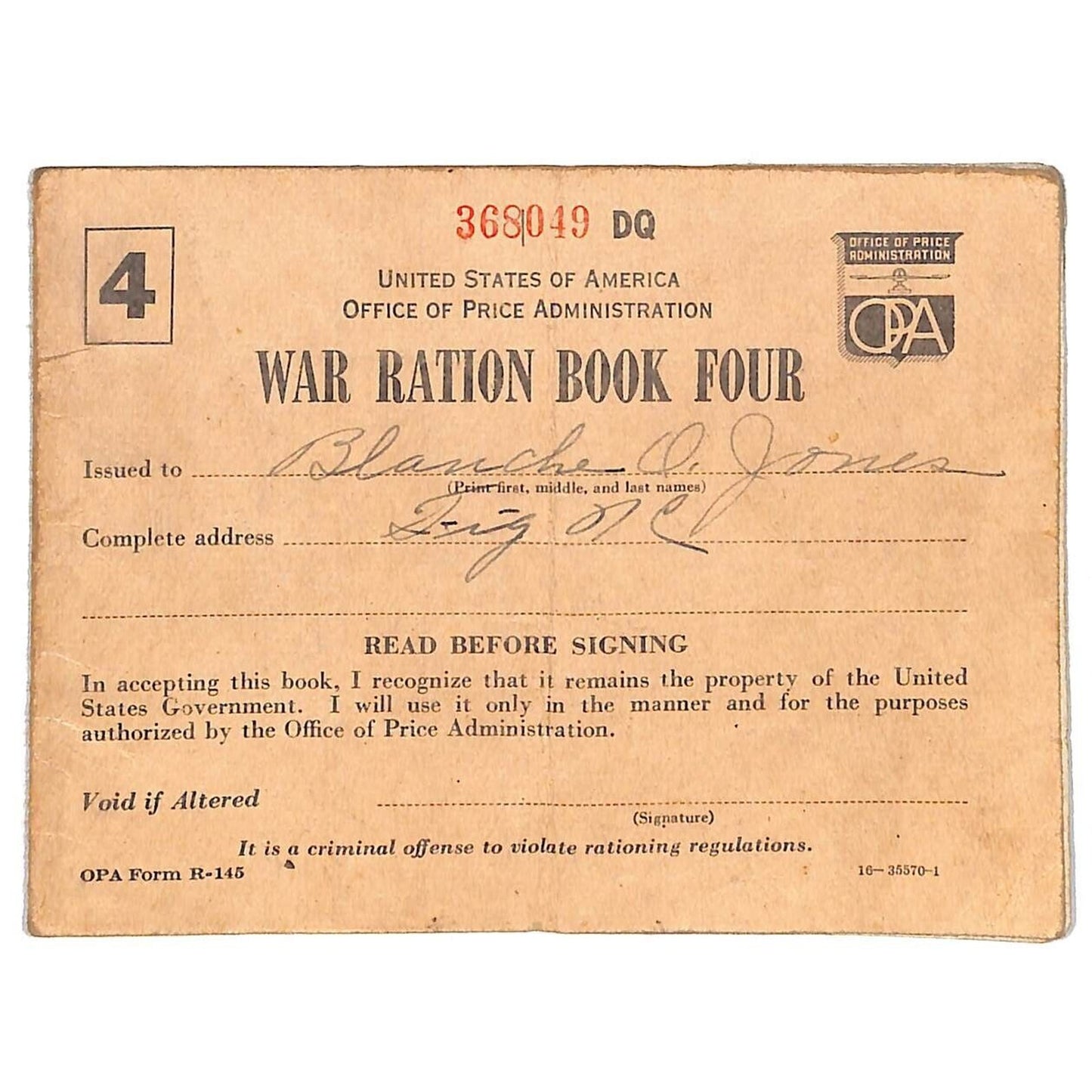 War Ration Book Four WWII w/ Some Stamps No. 368049 DQ